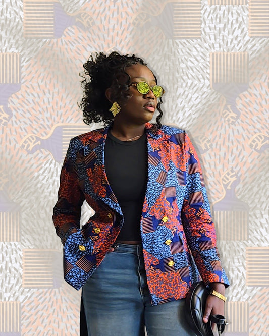 Blazer Femme Wax Africain "Peigne Afro" – Veste 6 Boutons Doublée Coton | WaxBazaar
