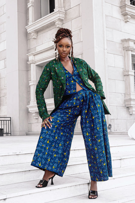 Pagne wax congolais Minzoto étoile lingala bleu vert WaxBazaar